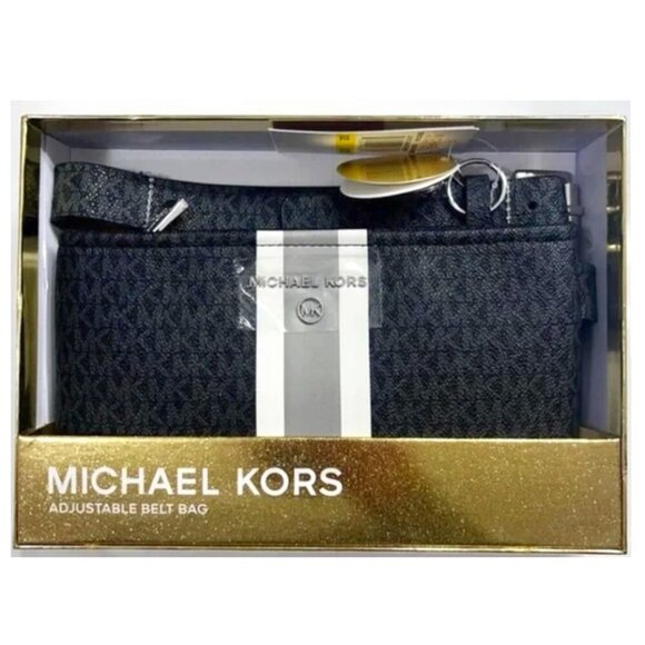 Michael Kors Black Dark Gray Belt Bag Logo Signature NWT Gift Box - Picture 1 of 7